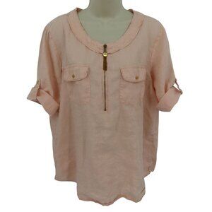 Ellen Tracy Women Large Pink Orange Peach All Linen Roll Tab Shirt Blouse Top